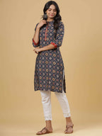 Juniper Women's Navy Printed Straight Knee Length Kurta | Grocsy