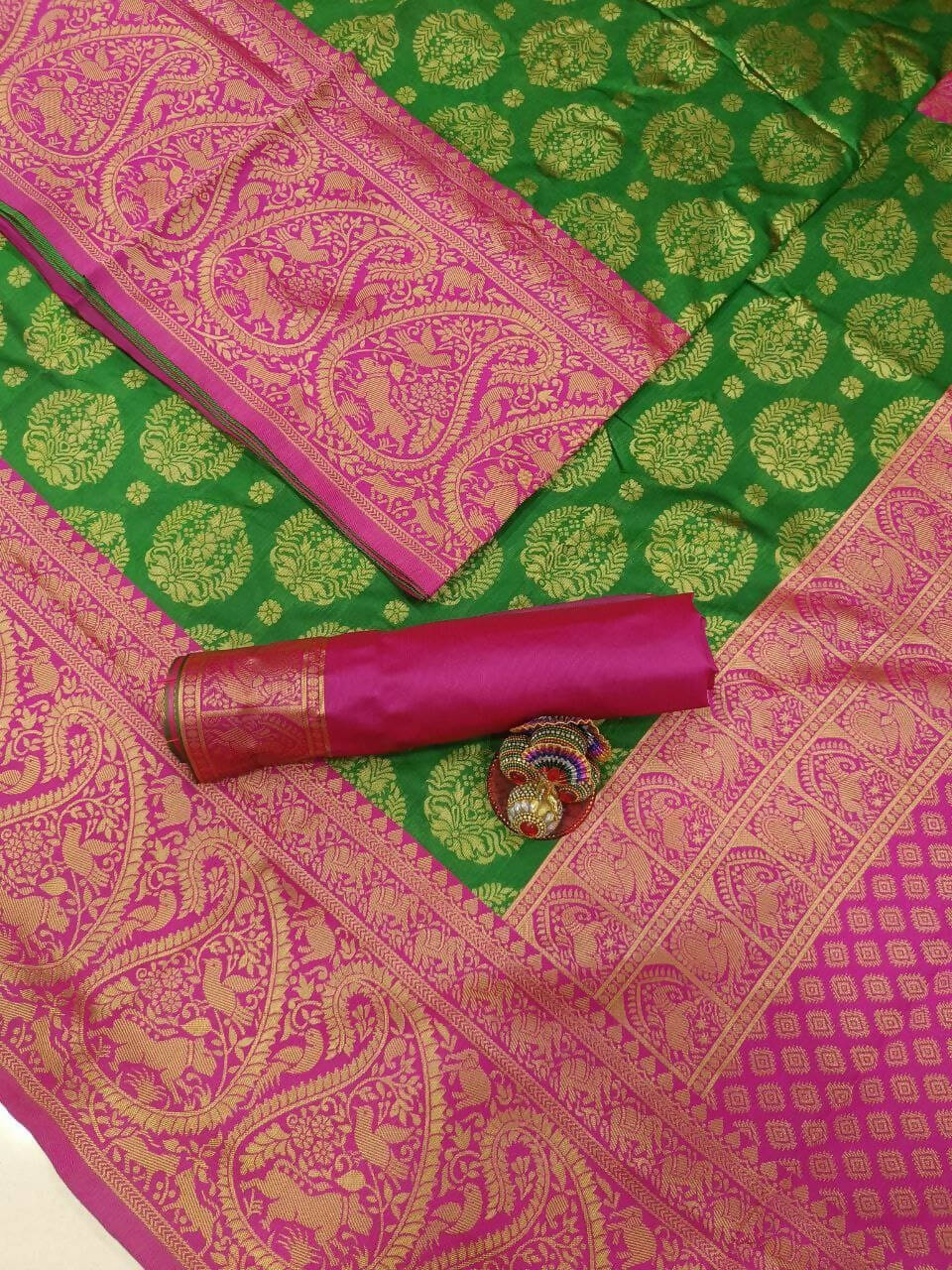 DEIANA'S Beautiful Designer Golden zari Soft Lichi Silk Saree - Green | Grocsy