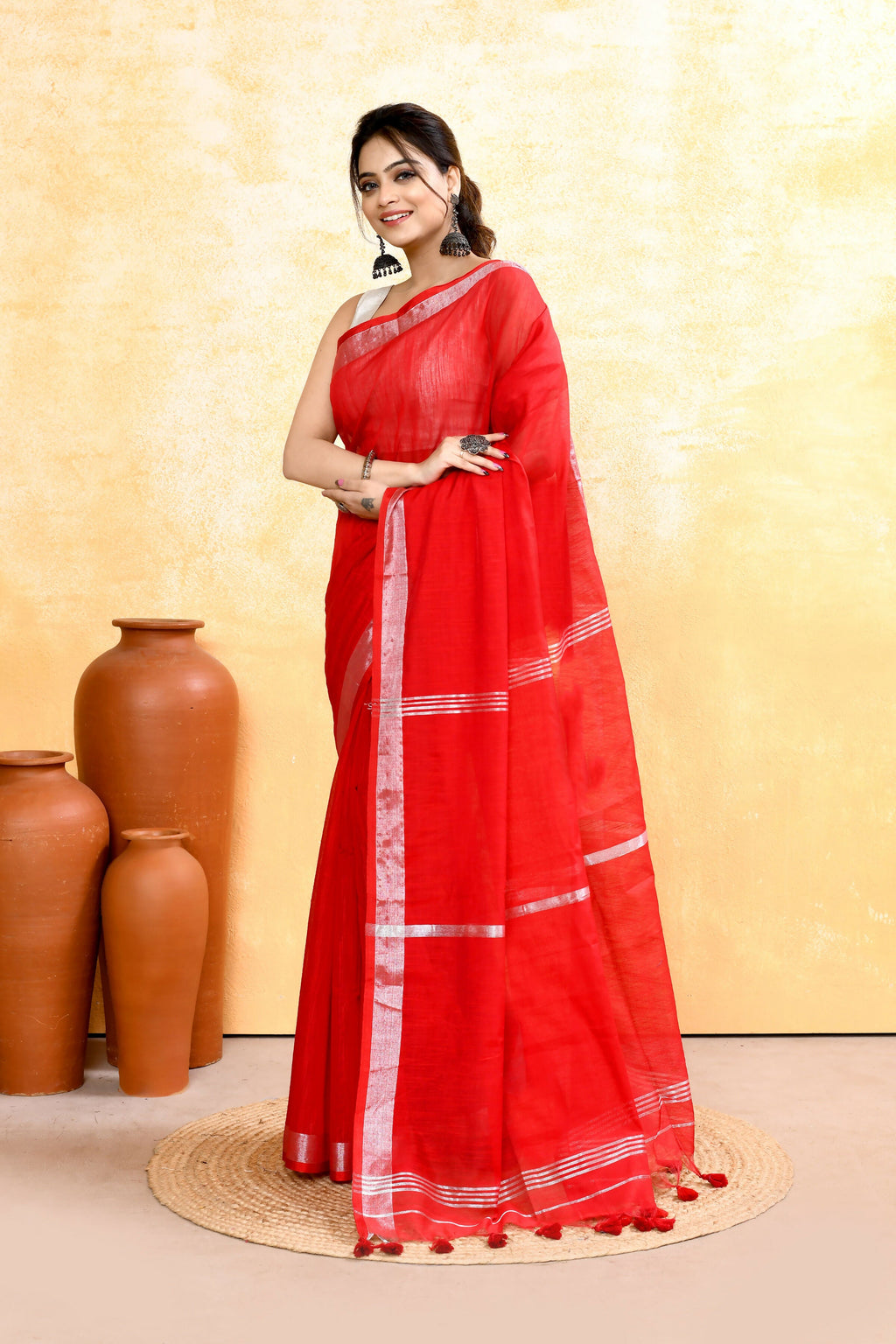 Piyari Fashion Women's Red Embellished Cotton Blend Zari Border Handloom Saree | Grocsy