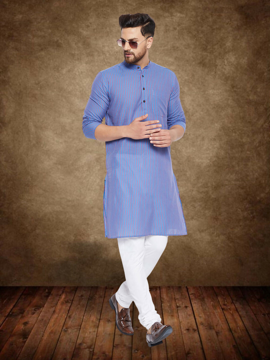 Even Apparels Men's Pure Cotton Blue Striped Kurta | Grocsy