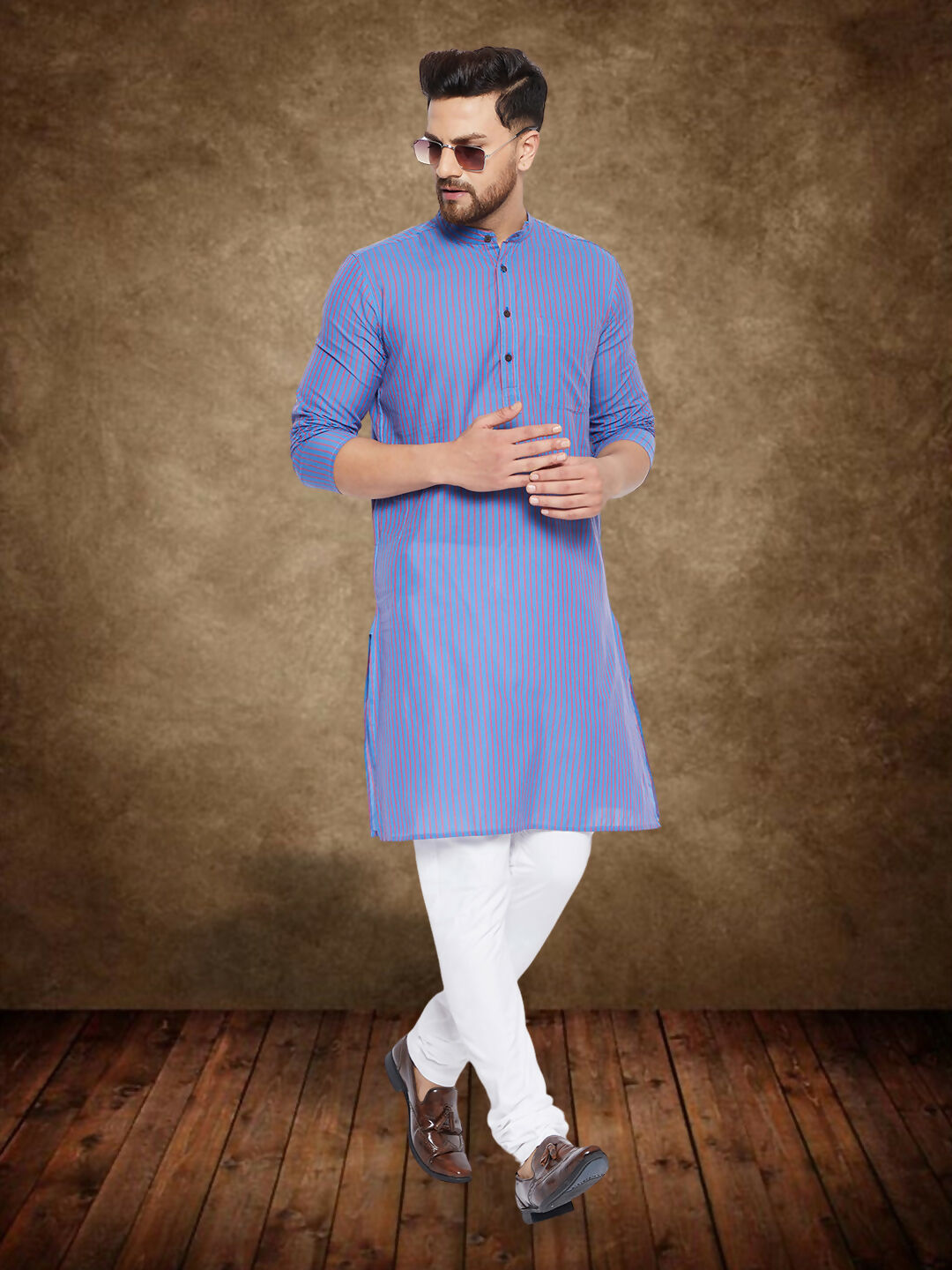 Even Apparels Men's Pure Cotton Blue Striped Kurta | Grocsy