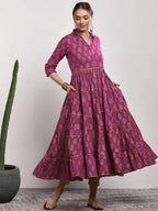 Sangria Women Pink Printed Tiered Anarkali Kurta | Grocsy