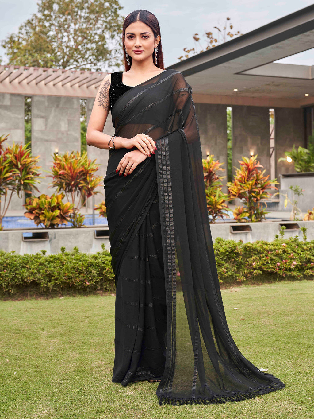 Tikhi Imli Black Striped Sequinned Saree | Grocsy