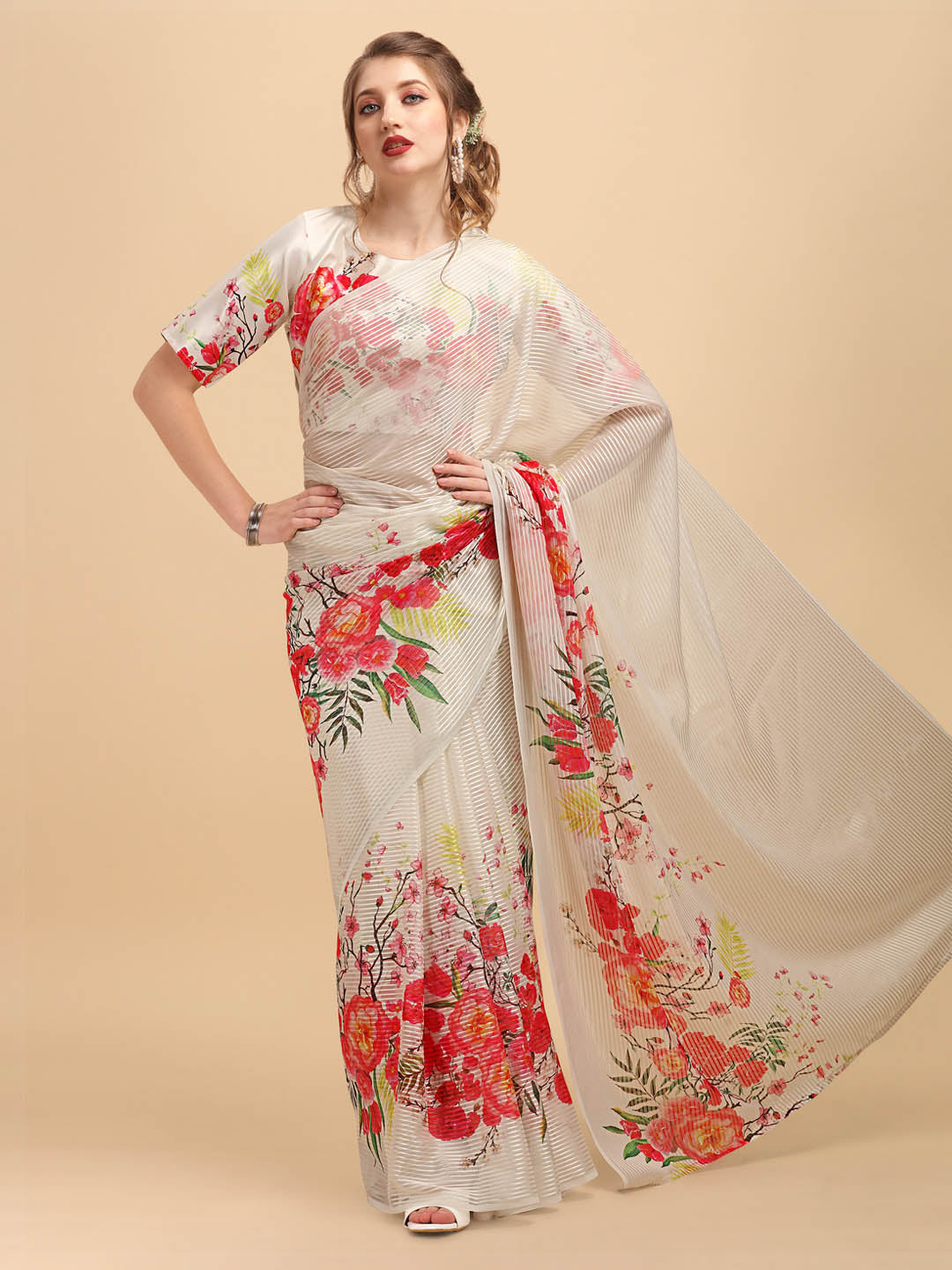 Sangria Off White & Red Floral Satin Designer Saree | Grocsy