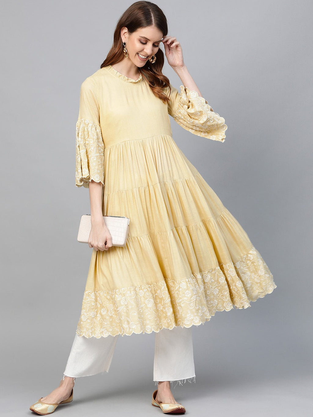 HERE&NOW Women Yellow Solid Tiered Anarkali Kurta | Grocsy