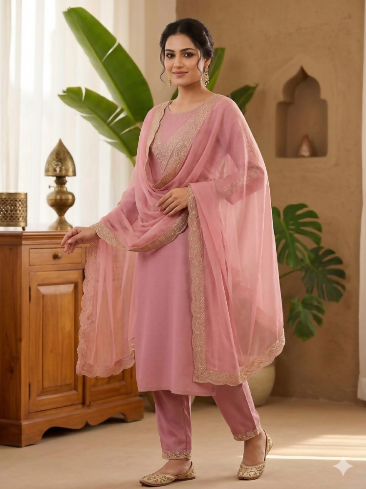 Teeya Creation New Womens Peach Straight Cut Kurta Set with Scalloped Embroidered Organza Dupatta Set | Grocsy
