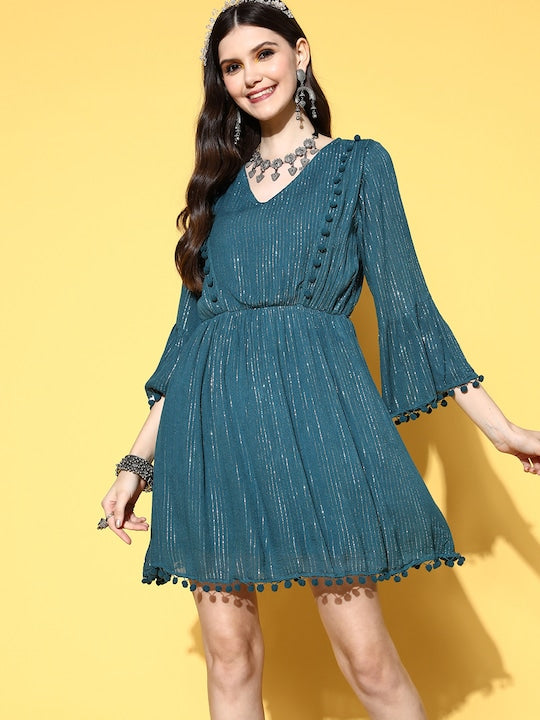 InWeave Teal Lurex Dress With Lace | Grocsy