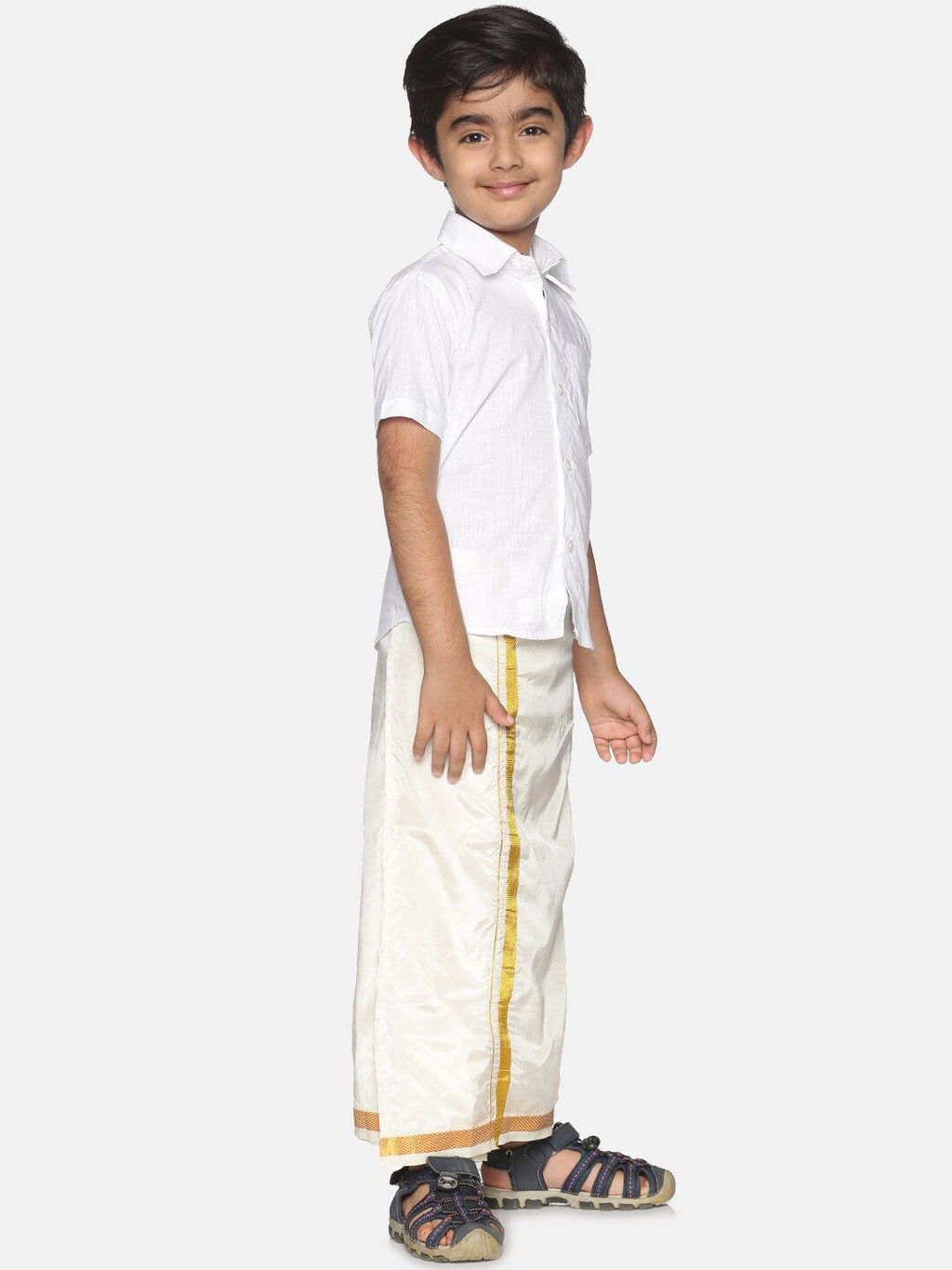 Sethukrishna Boys White & Gold-Toned Pure Cotton Shirt with Dhoti Set | Grocsy
