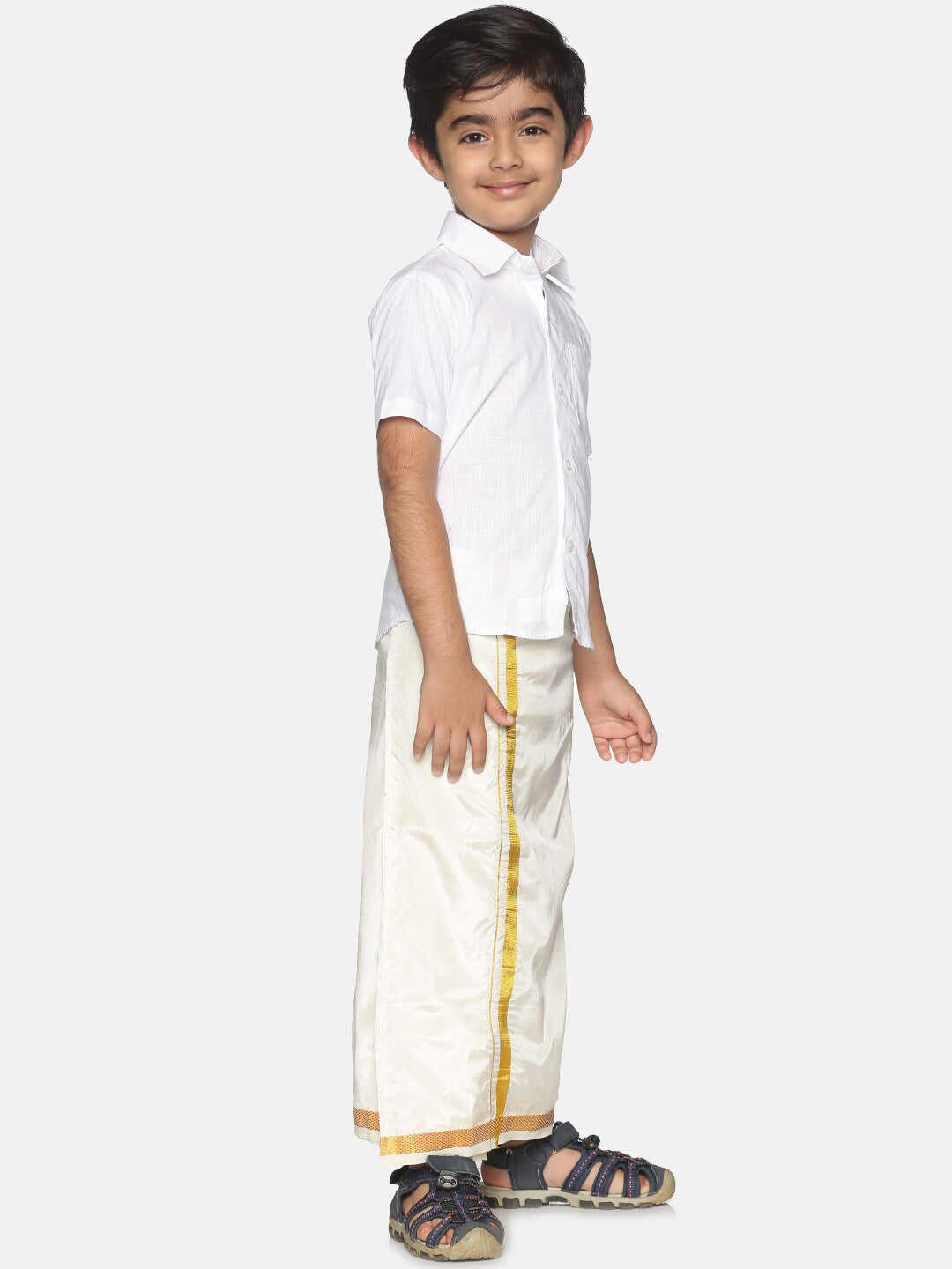 Sethukrishna Boys White & Gold-Toned Pure Cotton Shirt with Dhoti Set | Grocsy