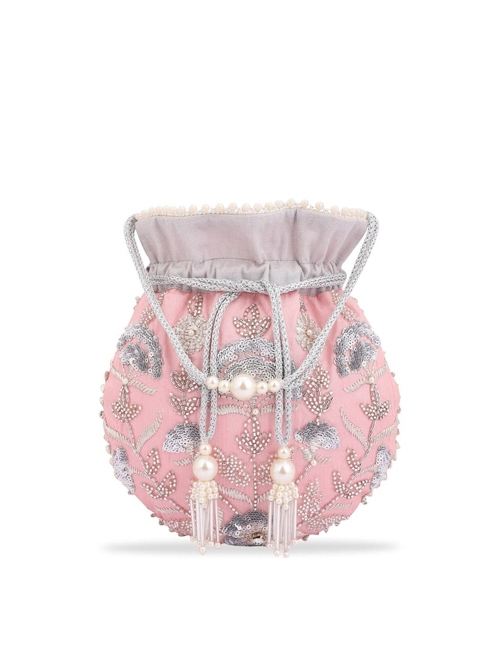 Masq Peach-Coloured & Grey Embroidered Potli Clutch | Grocsy