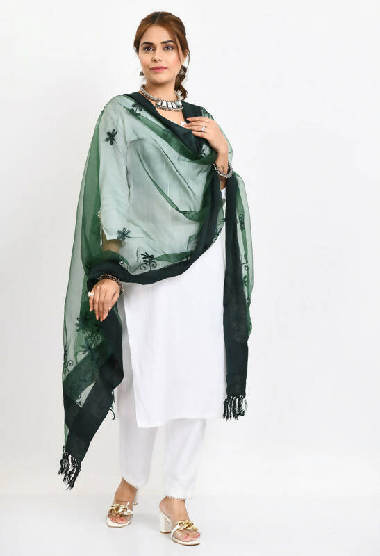 Mominos Fashion Moeza Women's Orgenza All Over Chikan Work Bottle Green Dupatta | Grocsy