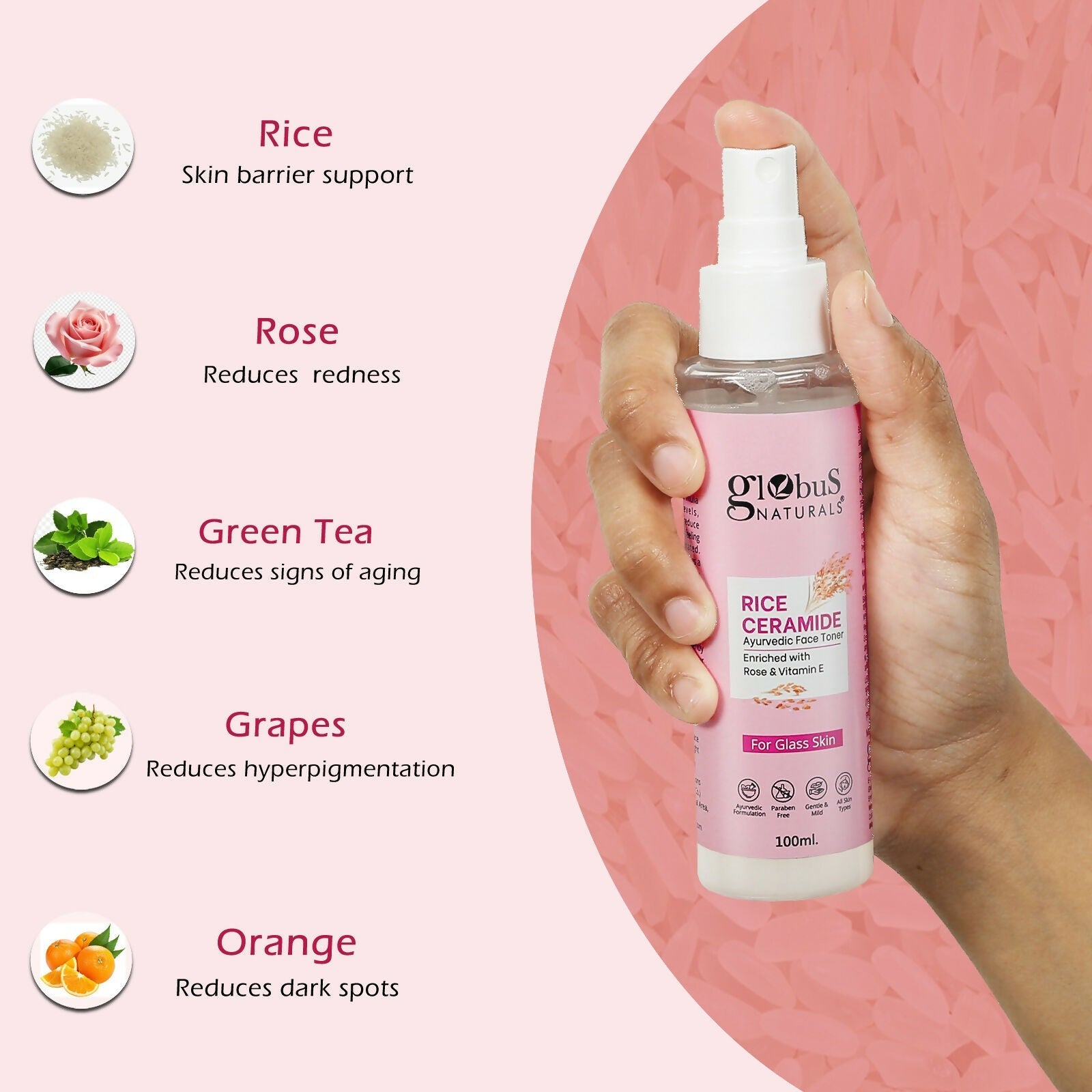 Globus Naturals Rice Ceramide Ayurvedic Face Toner, For Korean Glass Skin | Grocsy