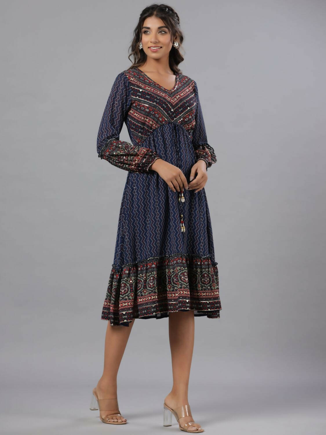 Juniper Women Navy Blue Georgette Printed Midi Dress | Grocsy