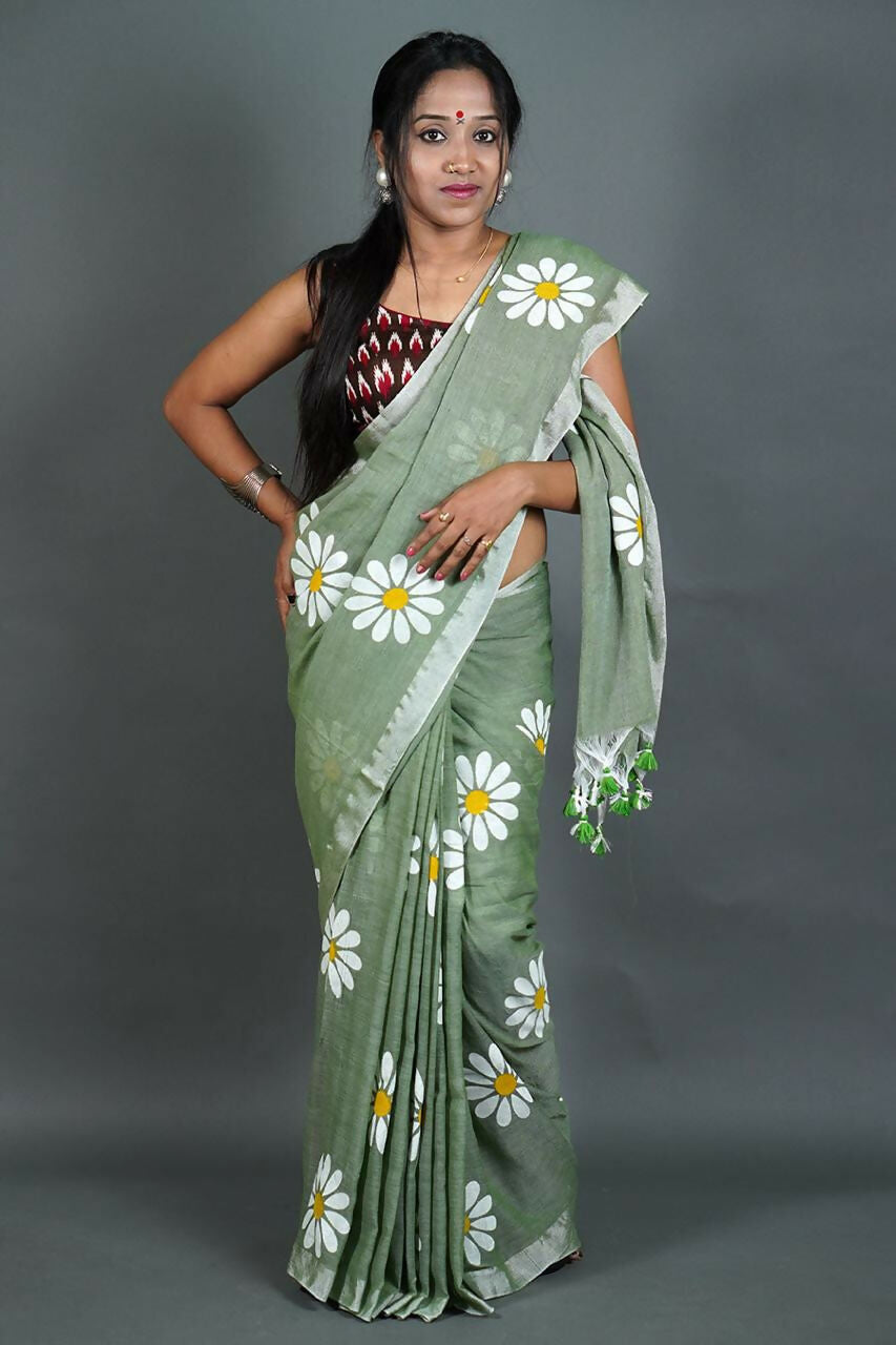 Exclusive Collection Light Pista Pure Cotton Saree With Sunflower Design | Grocsy