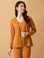 Myshka Women's Mustard Solid Coat With Trousers | Grocsy