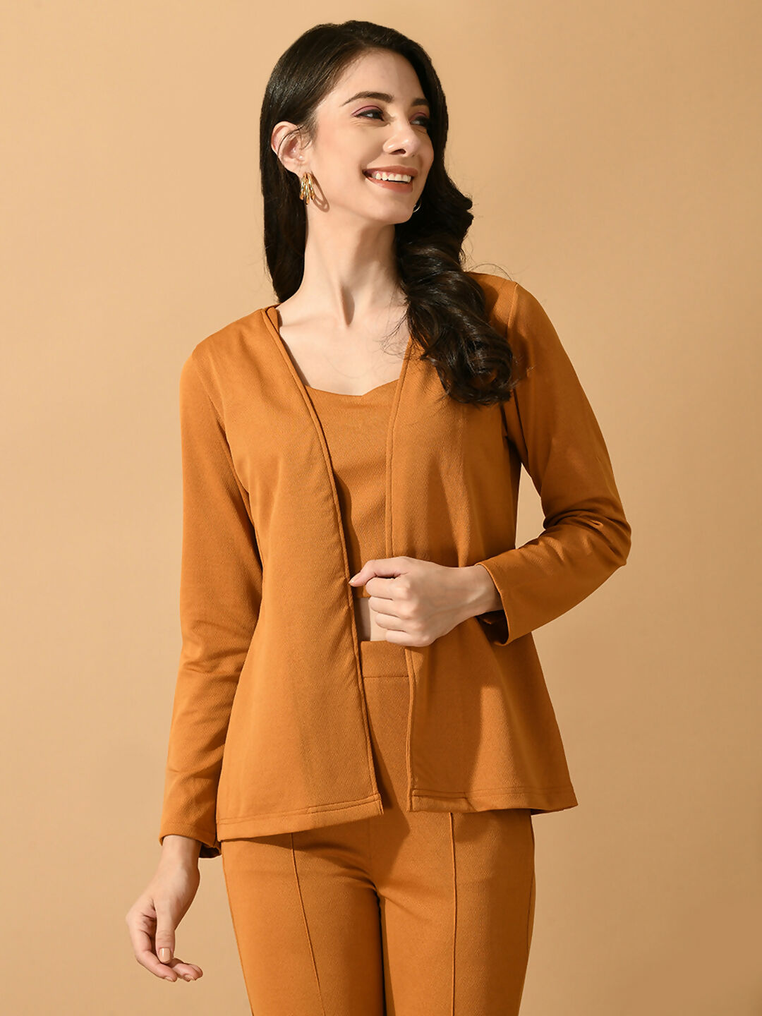 Myshka Women's Mustard Solid Coat With Trousers | Grocsy