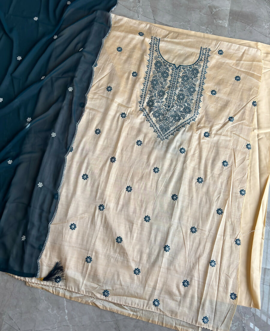 KC Khadi Cotton White Suit With Blue Dupatta 3 Piece Pair For Women | Grocsy