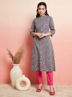 Aks Floral Printed Mandarin Collar Cotton Anarkali Kurta | Grocsy