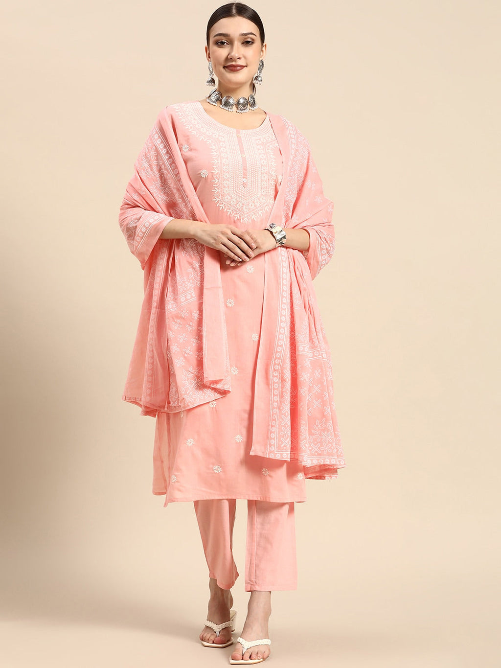 Sangria Women Pink Embroidered Thread Work Pure Cotton Kurta with Trousers & With Dupatta | Grocsy
