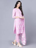 Myshka Cotton Printed 3/4 Sleeve Round Pink Women Kurta set | Grocsy