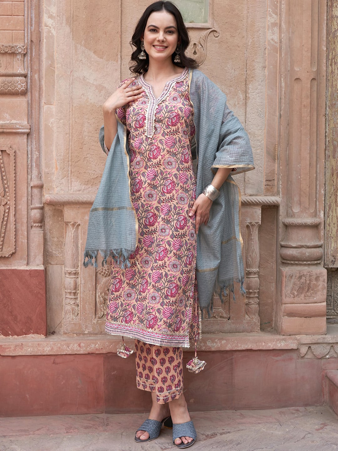 Sangria Peach-Coloured Ethnic Motifs Printed Pure Cotton Kurta with Trousers & Dupatta | Grocsy