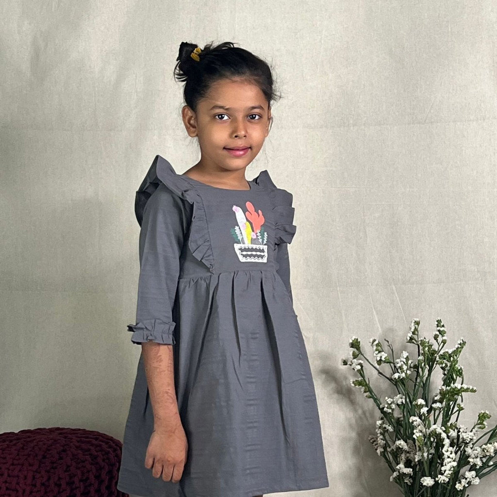 ArthLife Grey Cactus Embroidered Dress | Grocsy