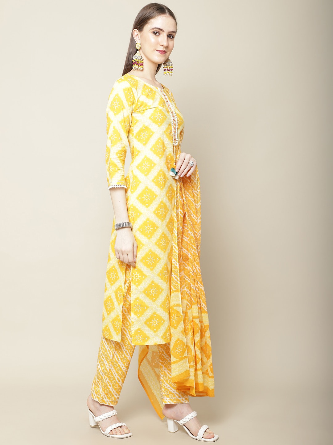 Sangria Women Yellow Printed Thread Work Pure Cotton Kurta with Trousers | Grocsy