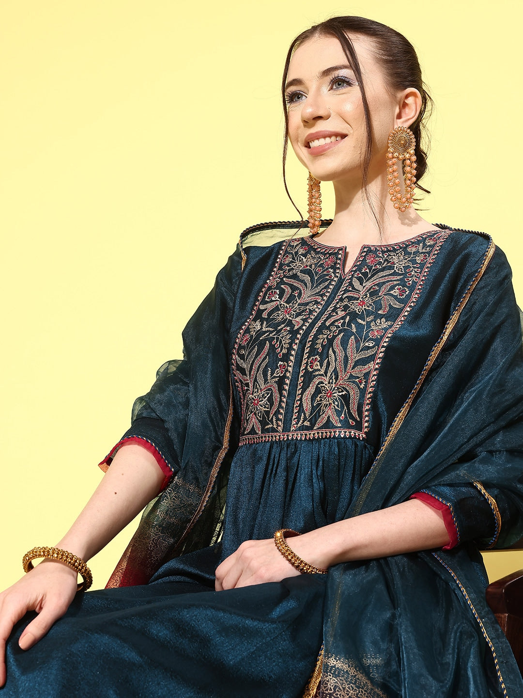 Sangria Women Floral Embroidered Regular Kurta with Trousers & With Dupatta | Grocsy