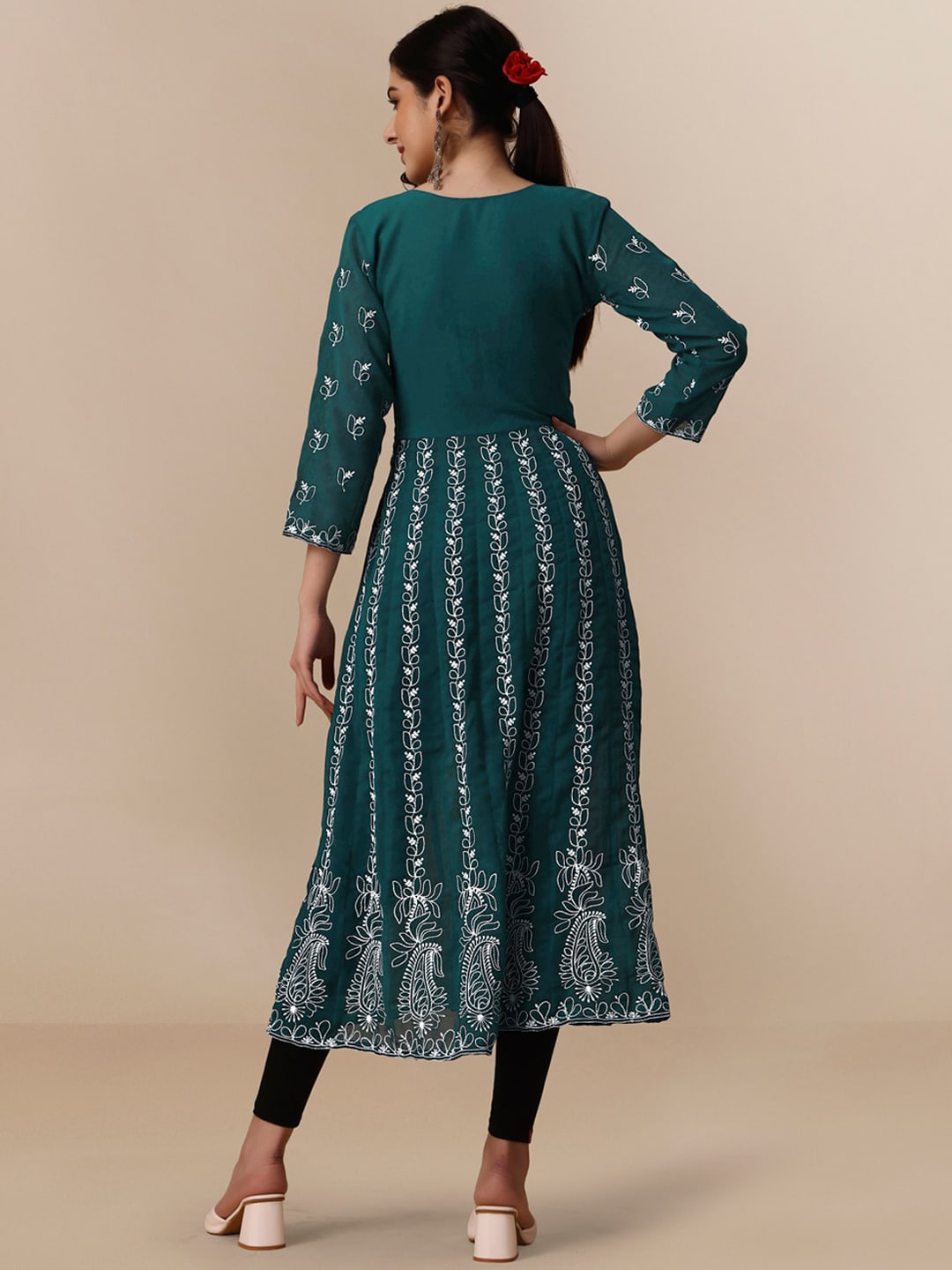 HERE&NOW Paneled Floral Embroidered Georgette Anarkali Kurta | Grocsy