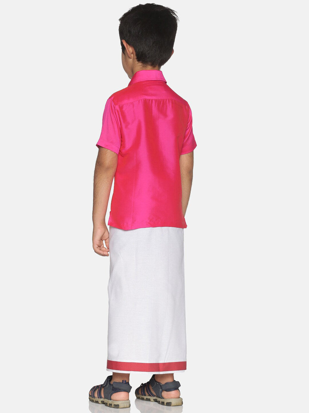 Sethukrishna Pink & White Solid Shirt and Veshti Set | Grocsy