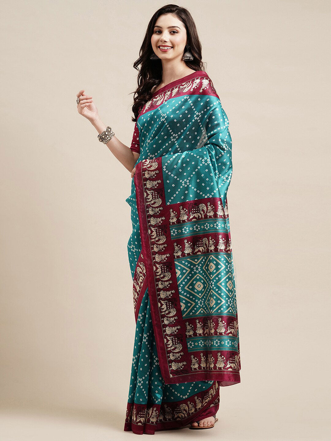 Saree Mall Blue & Maroon Bandhani Silk Blend Bandhani Sarees | Grocsy