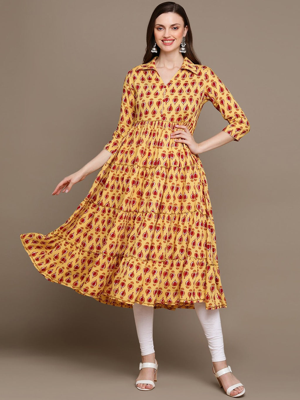 HERE&NOW Ethnic Motifs Printed Shirt Collar Pure Cotton Anarkali Kurta | Grocsy