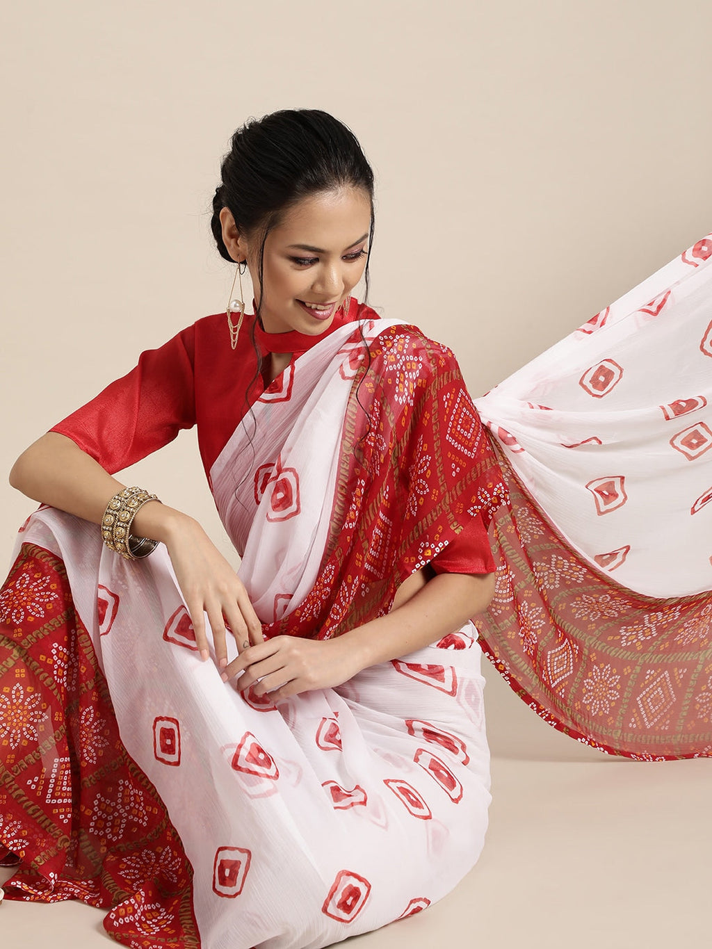 Saree Mall Bandhani Poly Chiffon Saree with Printed border | Grocsy