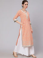 Aks Floral Printed Round Neck Cotton Straight Kurta | Grocsy