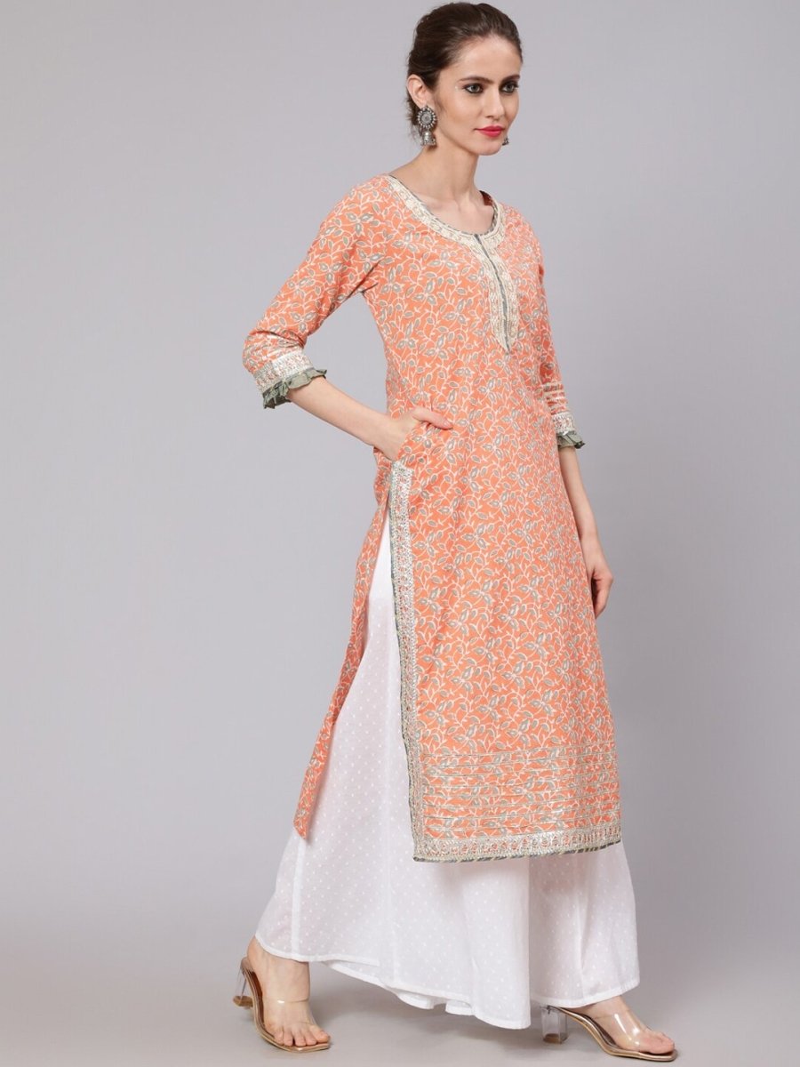 Aks Floral Printed Round Neck Cotton Straight Kurta | Grocsy