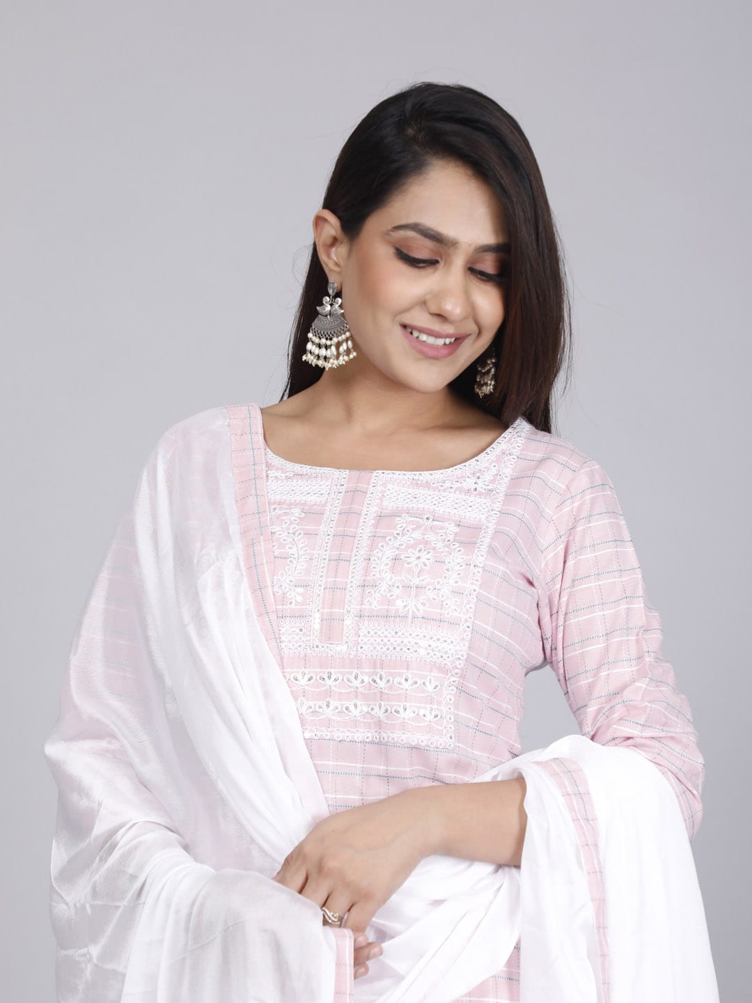 HERE&NOW Pink Embroidered Sequinned Pure Cotton Kurta with Trousers & With Dupatta | Grocsy