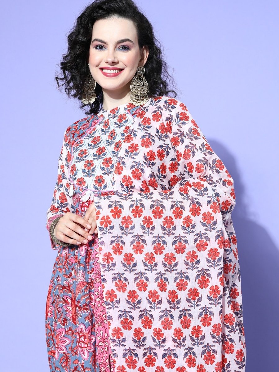 All About You Floral Printed Mirror Work Pure Cotton Kurta With Trousers & Dupatta | Grocsy