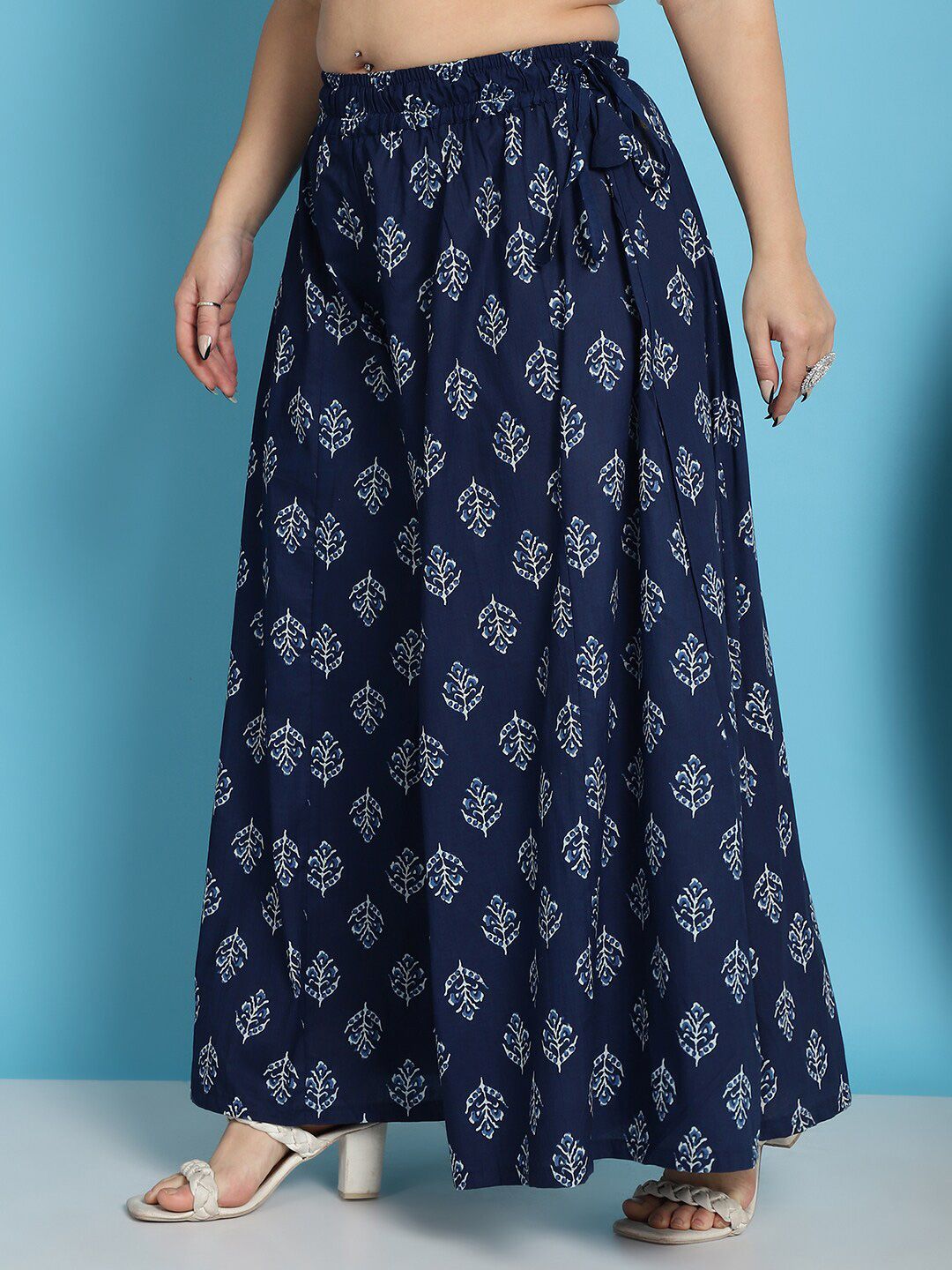 TAG 7 Plus Size Floral Block Printed Flared Pure Cotton Ethnic Palazzos | Grocsy