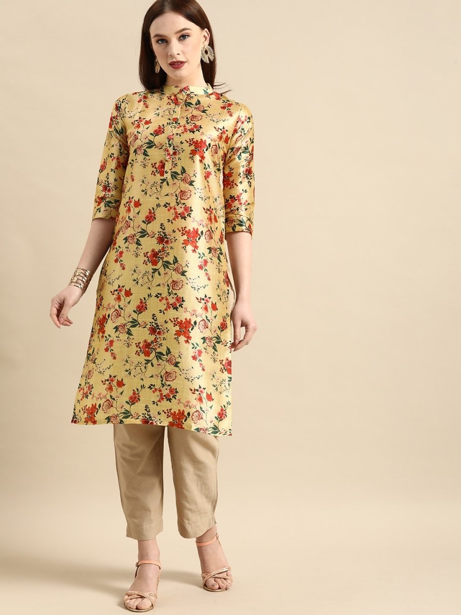All About You Women Mustard Yellow & Red Floral Print Chanderi Silk Blend Straight Kurta | Grocsy