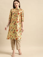 All About You Women Mustard Yellow & Red Floral Print Chanderi Silk Blend Straight Kurta | Grocsy