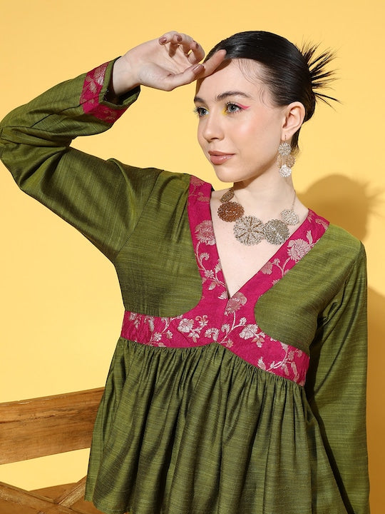 InWeave Women's Olive Pink Brocade Mughal Shaan Kurta Palazzo Set | Grocsy