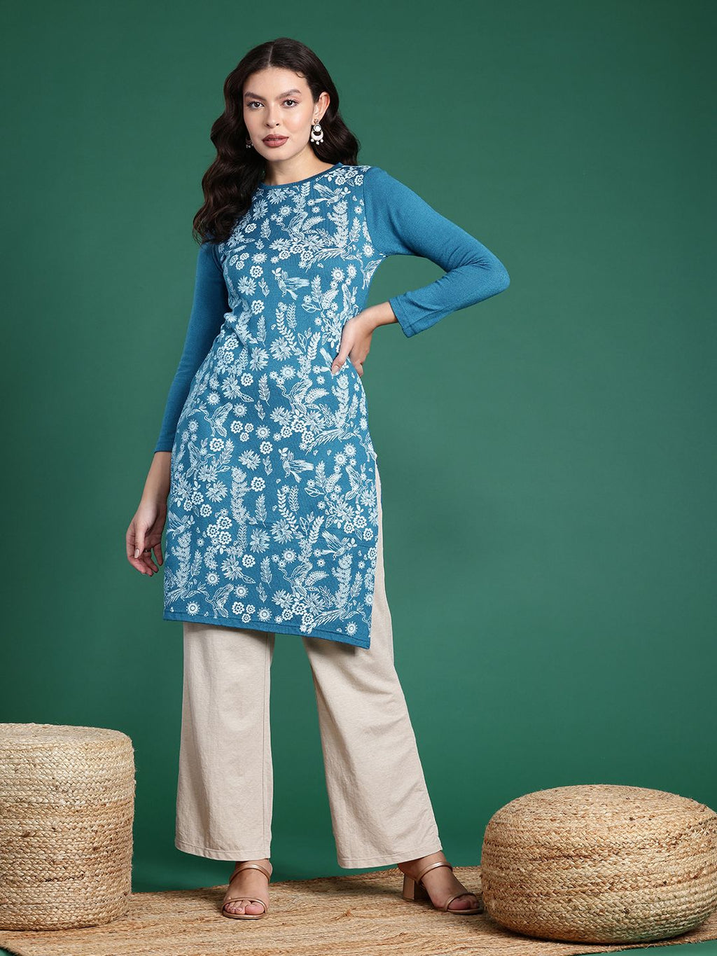 Sangria Floral Printed Knitted Kurta | Grocsy