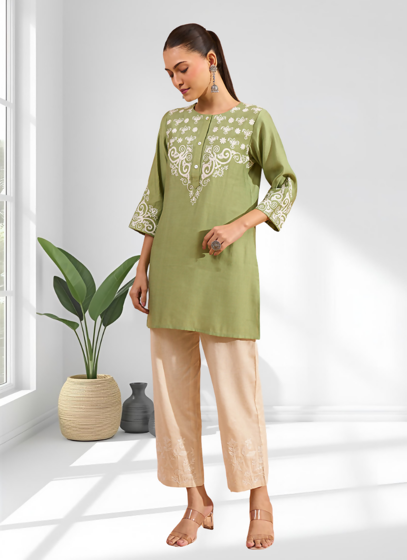Joban Fashion Green Silk Embroidered Readymade Tunic | Grocsy