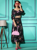 Black Crepe Floral Printed Top with Matching Skirt - Shivani | Grocsy