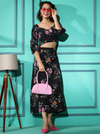Black Crepe Floral Printed Top with Matching Skirt - Shivani | Grocsy