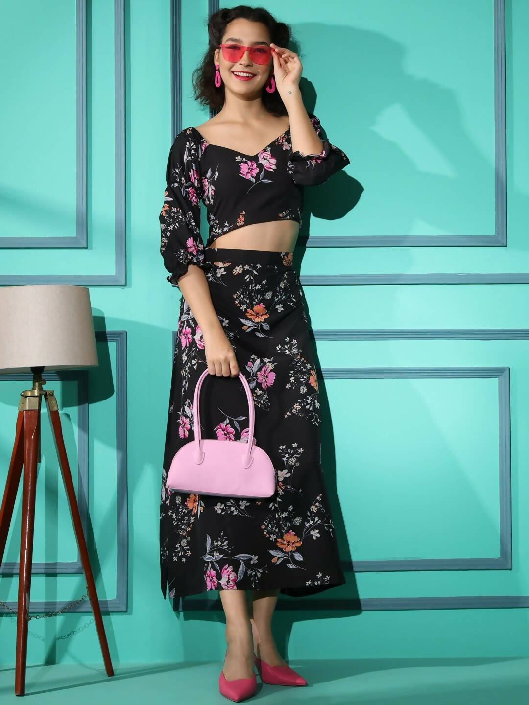 Black Crepe Floral Printed Top with Matching Skirt - Shivani | Grocsy