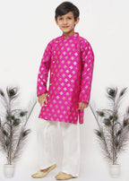 Little Bansi Boys Banarsi Silk Sherwani & Pyjama - Magenta & Cream | Grocsy