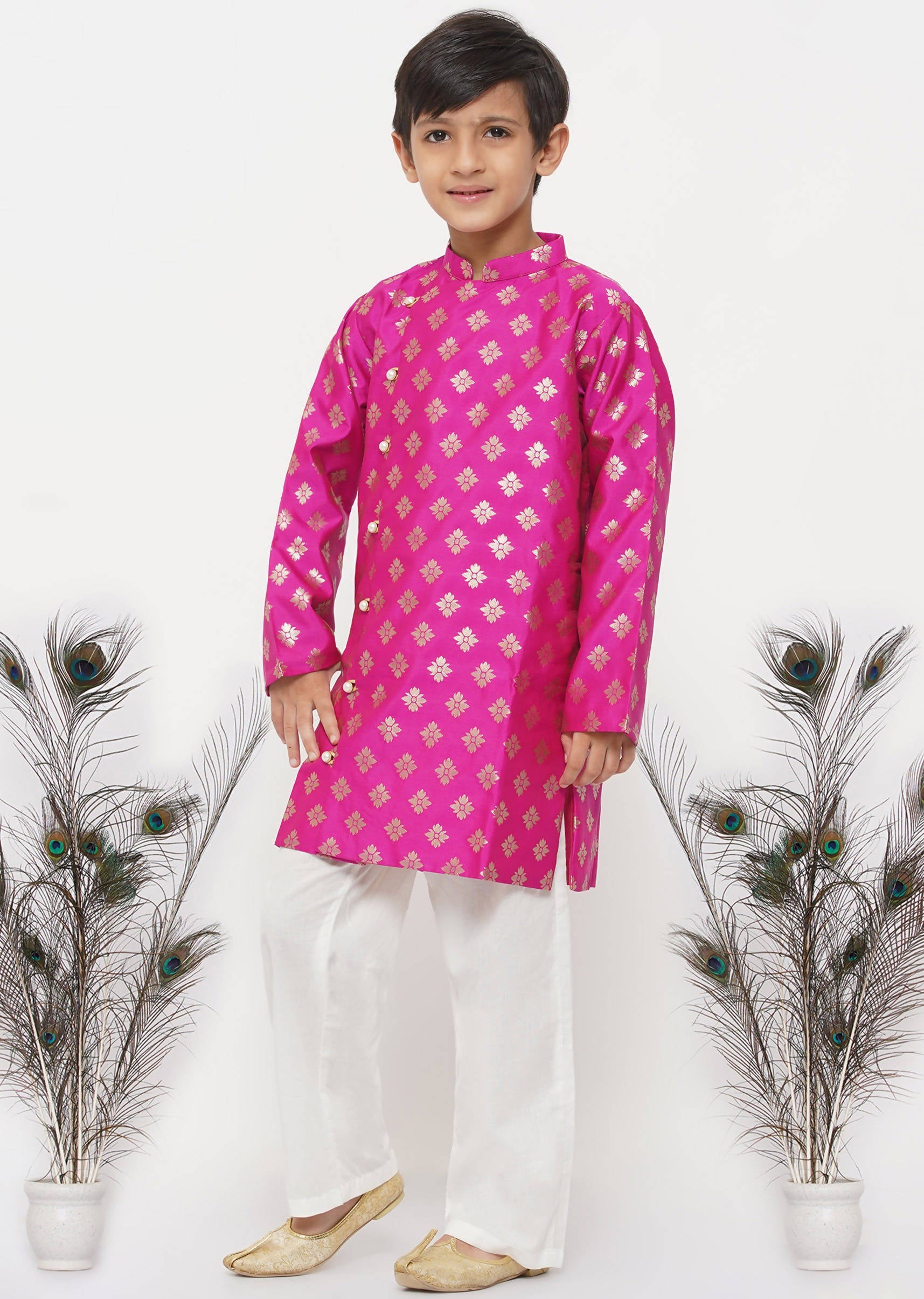 Little Bansi Boys Banarsi Silk Sherwani & Pyjama - Magenta & Cream | Grocsy