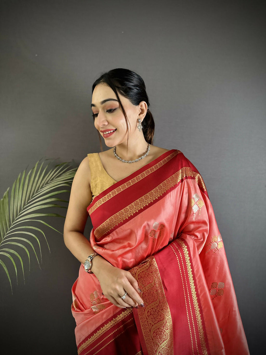 Joban Fashion Salmon Pink Banarasi Soft Silk Woven Saree | Grocsy