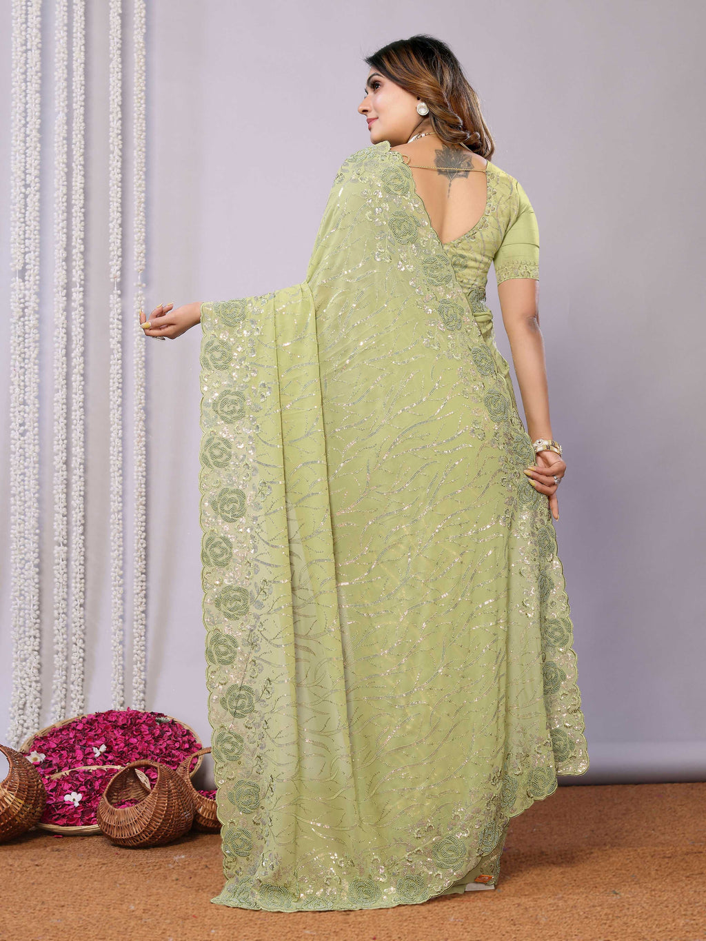 Gajari Pure Georgette Embroidered Saree With Stitched Blouse - Nimaya Kaksha | Grocsy